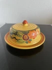 Decorated Bauer Round Butter Dish - Vintage 1938 Ringware. Yellow