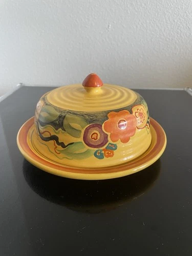 Decorated Bauer Round Butter Dish - Vintage 1938 Ringware. Yellow