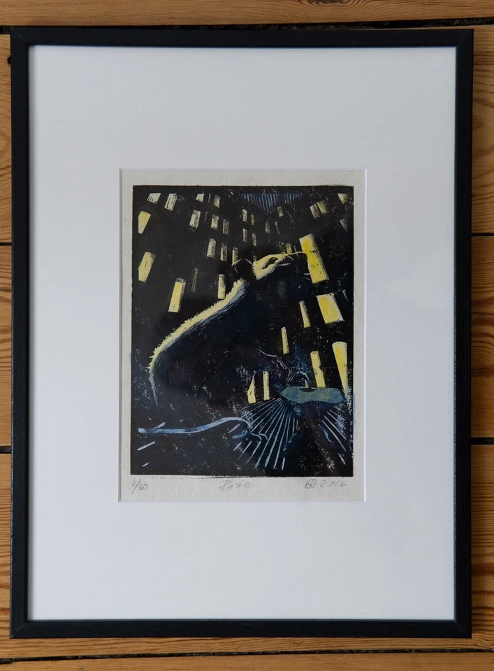 Linolschnitt Serie "Tiere in Hamburg" Original Handkoloriert 2016 Druck-Grafik - Bild 2 von 4