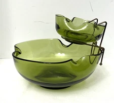 Vtg Anchor Hocking Chip & Dip 3 Piece Set Avocado Green Retro Party Entertaining