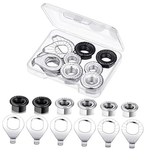 12 Pcs Bike Wheel Axle Nut and Safety Washer Kit 3 Sizes Bicycle Hub Flanged