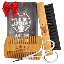 Viking Revolution Beard Comb & Beard Brush Set for Men -- Natural Boar Bristle B