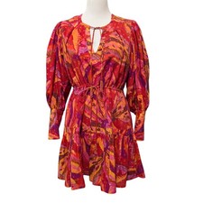 Farm Rio Womens Size S Red Orange Banana Juice Boho Puff Sleeve Tie Mini Dress