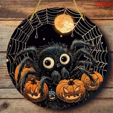 2D Flat, Large 7.87x7.87 Inch (20x20cm) Halloween Spider & Pumpkin Metal Wall De