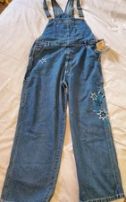 Vintage 90s Y2K Route 66 Blue Denim Floral Embroidered Overalls Womens 17/18 New