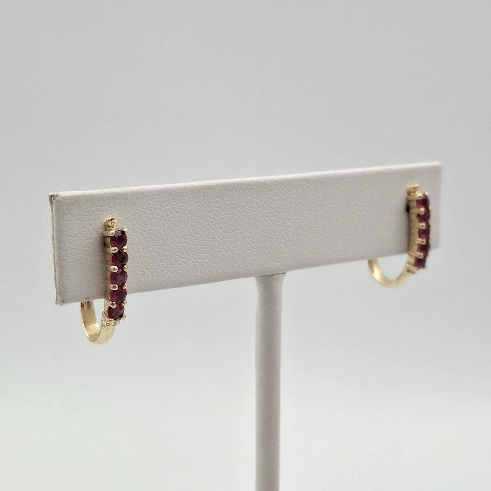 14K Yellow Gold Round Ruby Row Half Hoop Claw Hook Huggie Illusion Earrings - Image 3 of 4