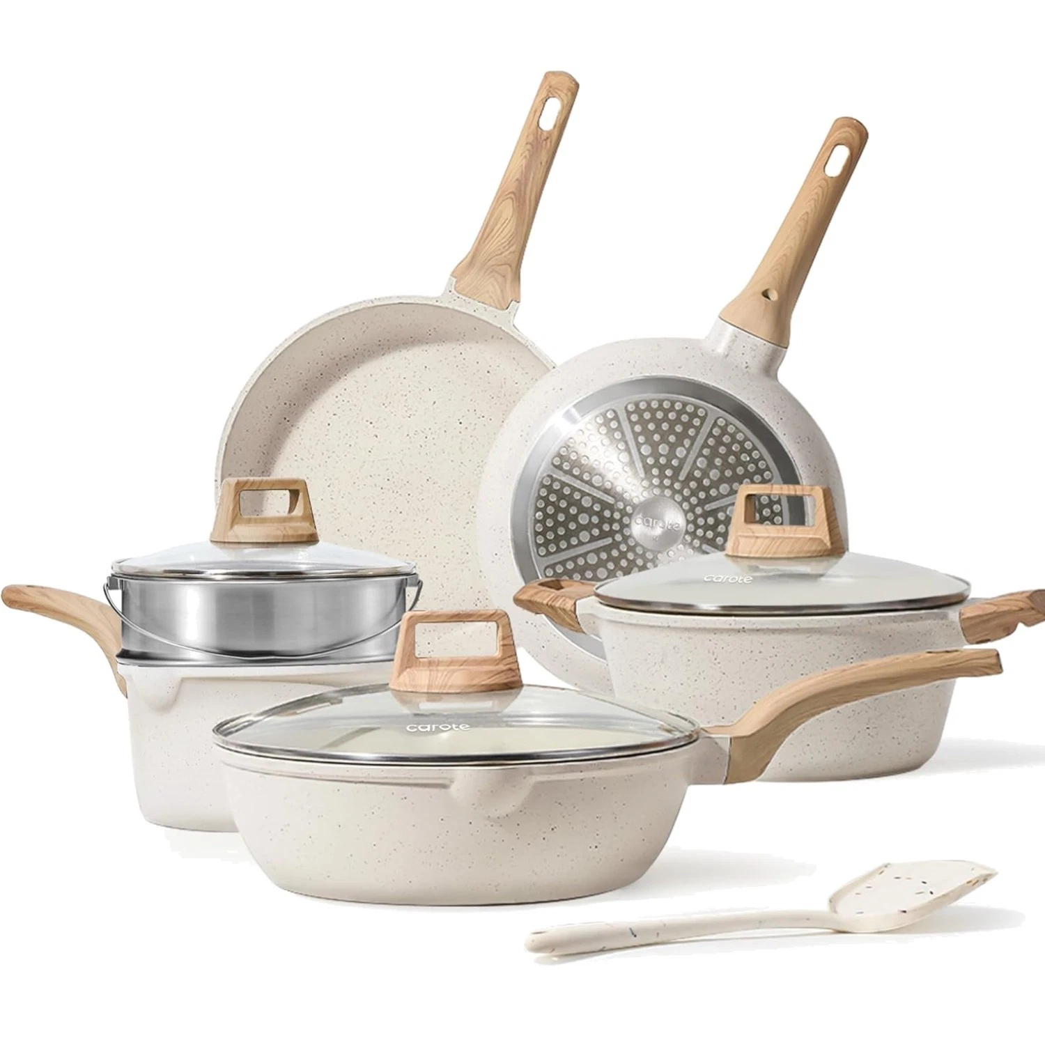 Pots and Pans Set Nonstick, White Granite Induction Kitchen Cookware Set, Non...