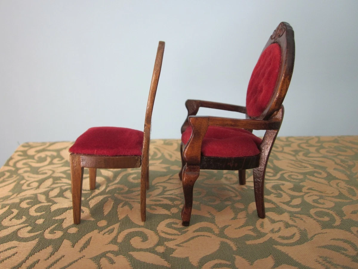 Two Miniature Doll House Wood Furniture Red Velvet Chairs