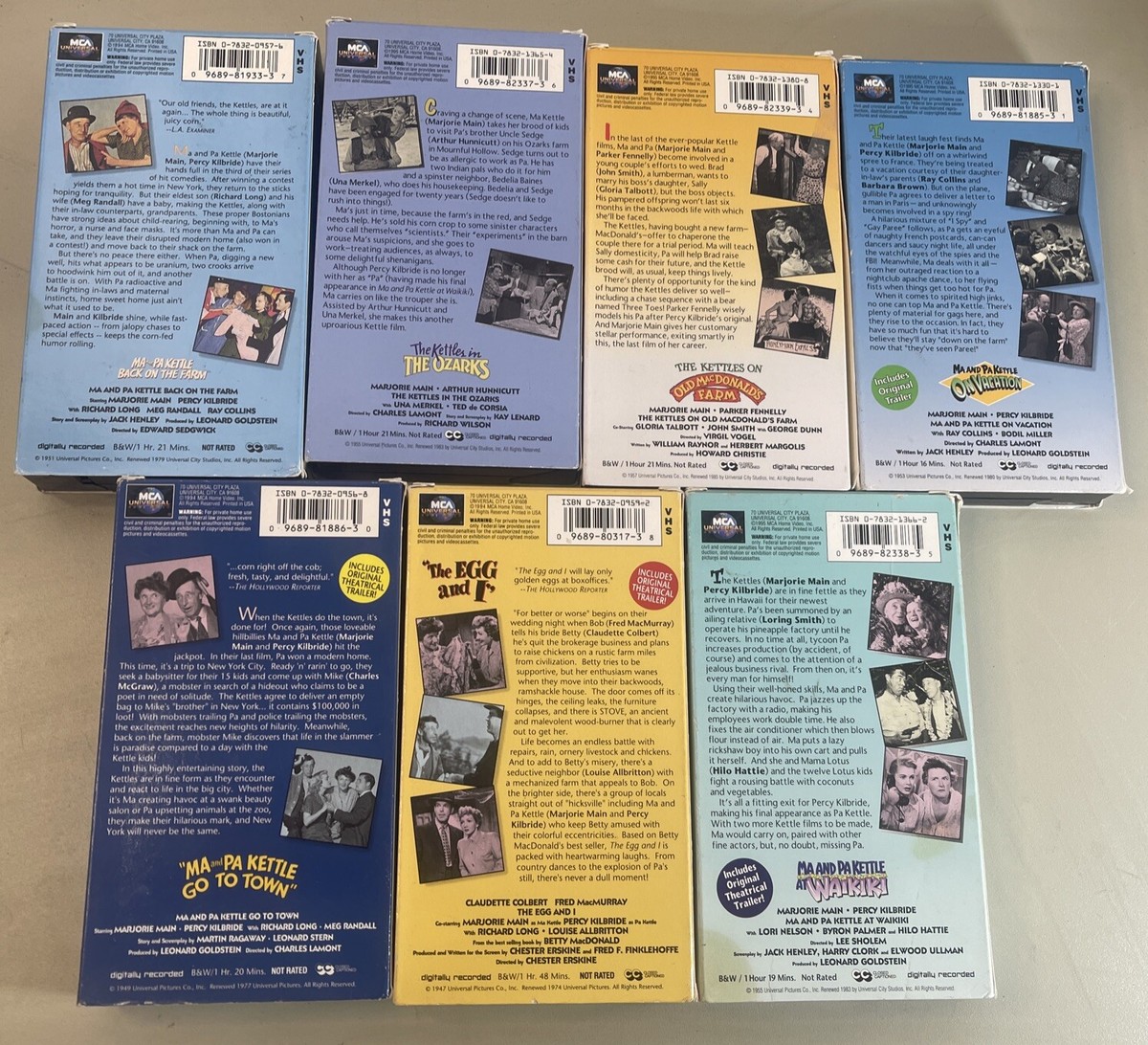 Lot of 7 Ma and Pa Kettle VHS Movies 1940s 1950s Classic Bks