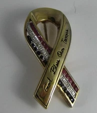 Vintage Gold over Sterling God Bless Our Troops Sapphire Ruby Ribbon Pin Brooch