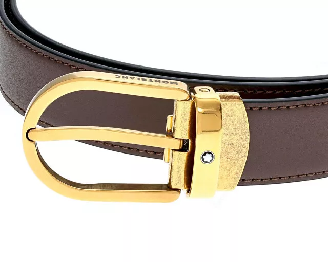 MONTBLANC Horseshoe Vintage Yellow Gold Finish 30MM Leather Belt 