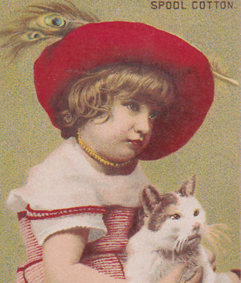 CLARK'S MILE-END THREAD TRADE CARD, SM GIRL WITH LG HAT & HOLDING HER CAT  A1054
