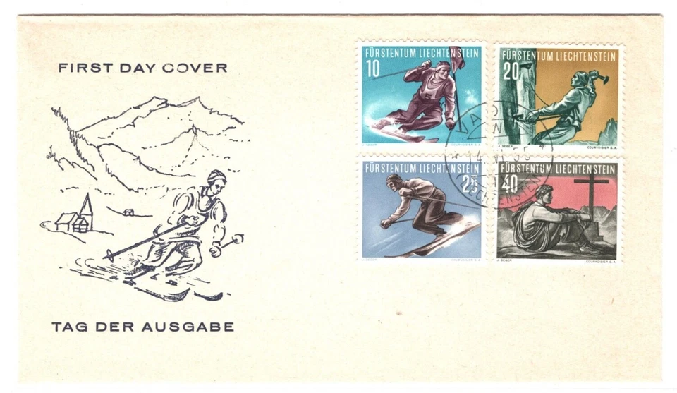 LIECHTENSTEIN 1955 FDC Illustrated SKIING/CLIMBING Winter MOUNTAIN Sports KA257 - Image 3 of 4