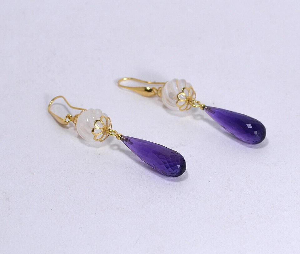 ORECCHINI ARGENTO 925 DORATO PENDOLI AMETISTA 10 mm  CRISTALLO ROCCA -AGHT 0566- - Immagine 2 di 3