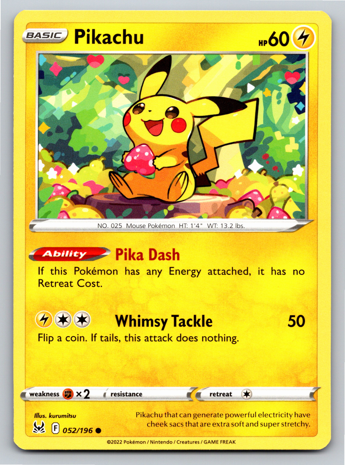 Pikachu 052/196 Common Lost Origin Pokemon Card - NM Near Mint