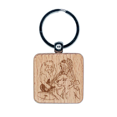 Animal Rock Band Wolf Lion Zebra Drums Guitar Engraved Wood Square Keychain
