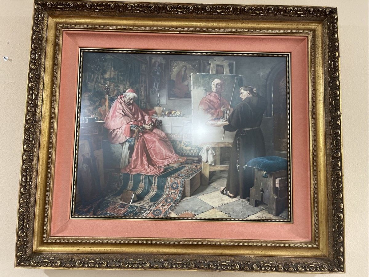VINTAGE PRINT FRAMED FRIAR MONK TRYING TO PAINT SLEEPING POPE OR 