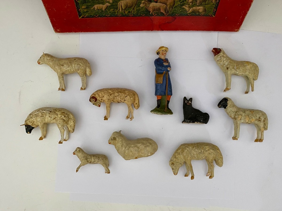 Antique German Boxed Painted Putz Sheep with Shepherd and
