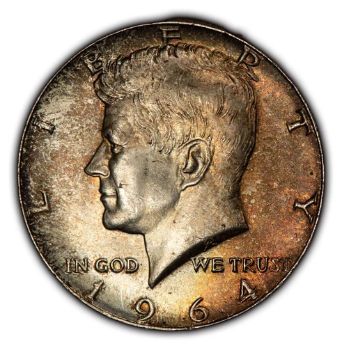 1964 50c Kennedy Half Dollar - Textured Rainbow Crescent Toning - BU - Y5179
