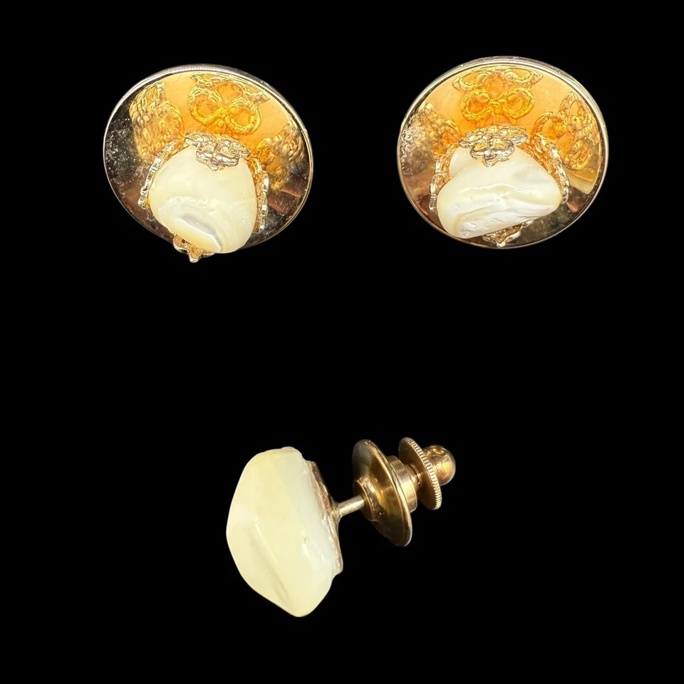 Gemelos y corbata vintage madreperla concha tono dorado espalda bala MCM Foto 2 de 4