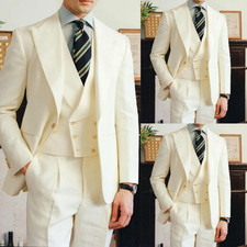 Beige Men's Formal Suit Wedding Outfits 3Pcs Peak Lapel Regular Fit Jacket