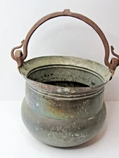 Large Antique Primitive Copper Cauldron Kettle Pot W/ Iron Bail Ring  #UP