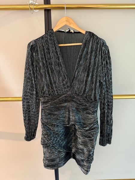 MAJE Black Silver Metallic Plunge Mini Dress Ruched Long Sleeve Size 38 AU 10