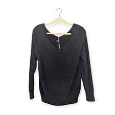 NWT Hello Nite Women Top Black Double V Neck Fuzzy Plush Sweater Size XS
