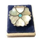 Vintage Zuni Sterling Silver Mother Of Pearl & Turquoise Inlay Flower Ring