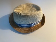 NEW - Boys Beige Straw Fedora Sun Hat w/ blue stripe trim - Fits 3-9 M