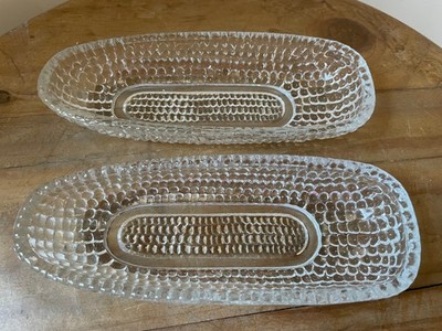 X2 Vintage Glas Maiskolben Schalen, Zuckermais gepresstes Klarglas 19,5 cm