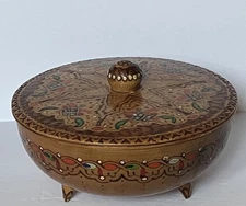 Polish Folk Art Pyrography Hand Painted Footed Trinket Dish With Lid 2.5 X 6 In.