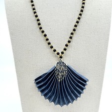 Bohemian Fan Statement Necklace Blue Pleated Fabric Pendant Beaded Chain Gift
