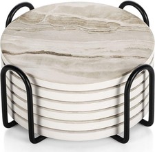Drink Coasters with Holder, Absorbent Coaster Sets of 6, Marble Style Ceramic Dr