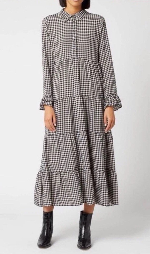 Ganni Black & White Check Shirt Dress Size 36 Modest Cottagecore Minimalist