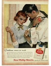 1956 Philip Morris Cigarettes man woman romantic pose art Vintage Print Ad
