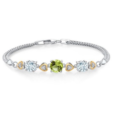 925 Sterling Silver and 10k Yellow Gold Peridot Aquamarine and White Lab Grown