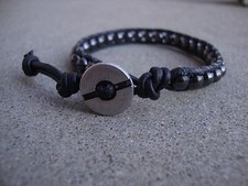 Men's Black Leather Beaded Bracelet Hematite Surfer Bracelet handmade USA