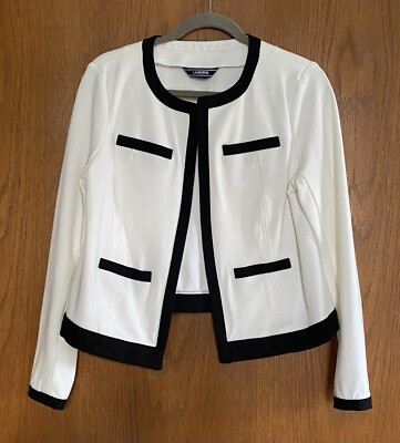 Lands End Women s Ponte Knit Open Front Stretch Blazer Ivory W/Black Trim 12 EUC