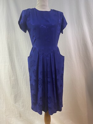 Vintage LAUREN ALEXANDRA Blue Silk Short Sleeve Dress - Pockets - Size 8 Petite