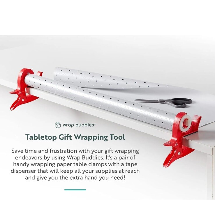 2 Wrap Buddies Gift Wrapping Paper Holder Clamps with Integrated Tape Dispenser