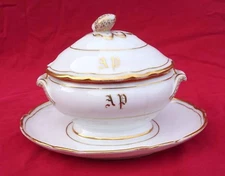 French Gold White Porcelain Lidded Gravy Sauce Boat Mono AP Old Paris