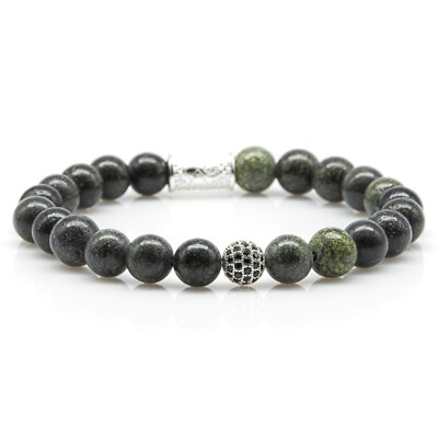 Serpentine 925 Sterling Silver Bracelet Bracelet Beaded Bracelet Green Ball 8mm CZ
