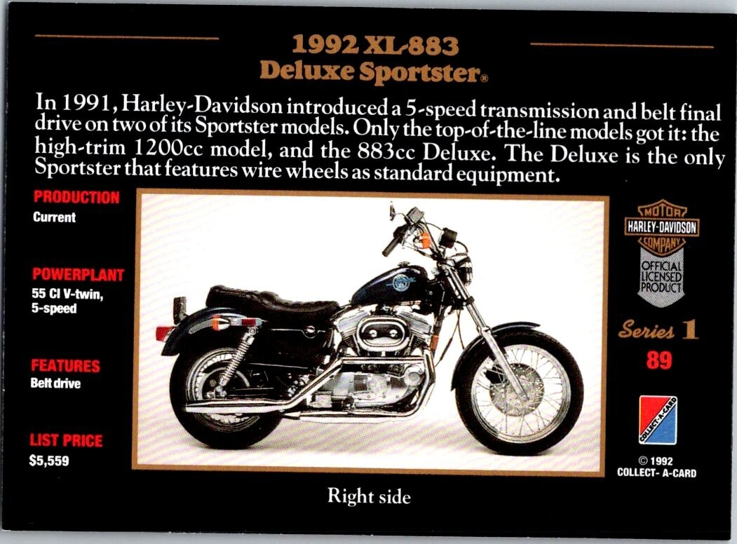 1992-93 Collect-A-Card Harley Davidson 1992 883 Deluxe Sportster