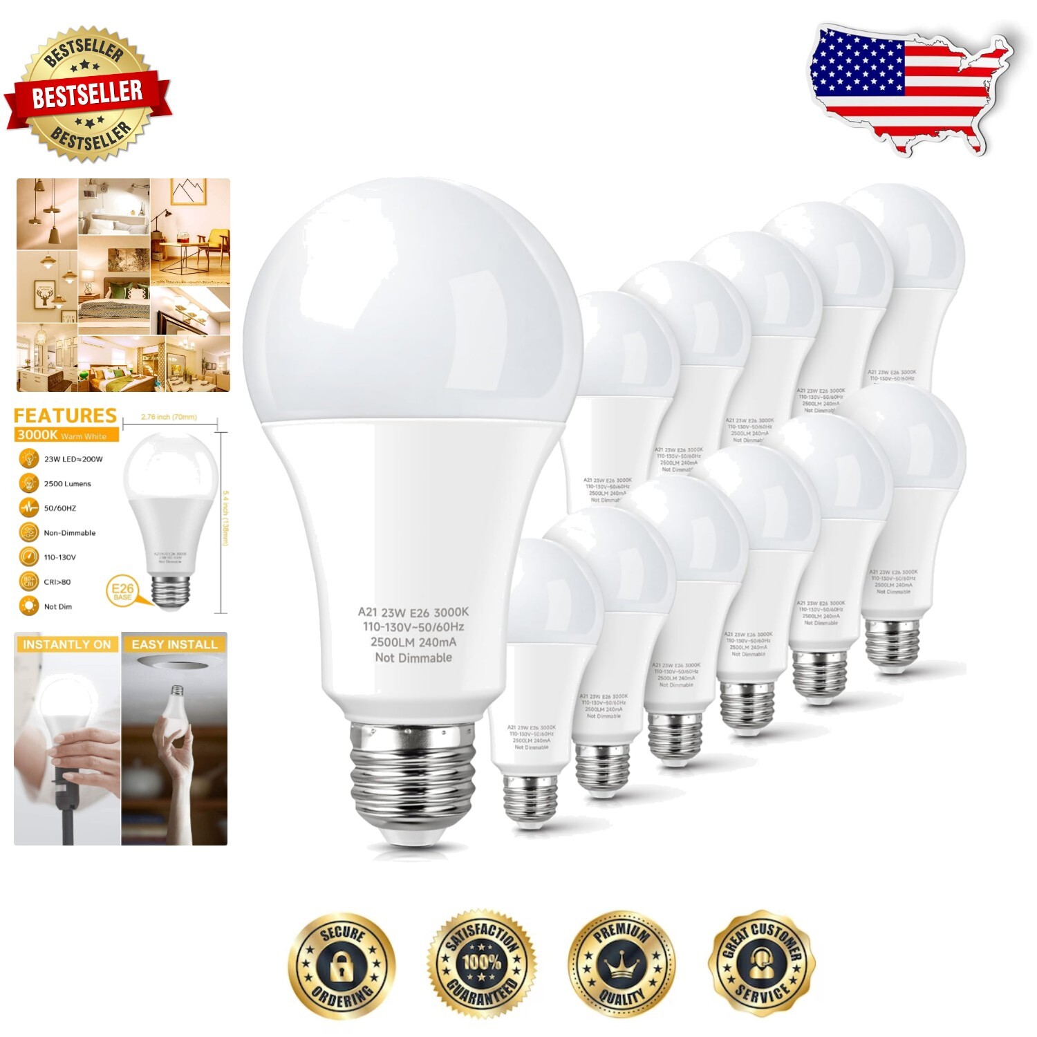 High-Performance 23W LED Bulb, 12-Pack, 2500 Lumens Brightness, Energy Efficient