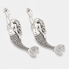 Large Mermaid Pendants Antiqued Silver Focal Ocean Jewelry 60mm Link Connectors