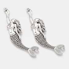 Large Mermaid Pendants Antiqued Silver Focal Ocean Jewelry 60mm Link Connectors