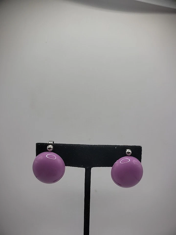 Vintage Earrings Clip On Hypo Allergenic Purple Round Button Silver Tone Jewelry - Image 2 of 4