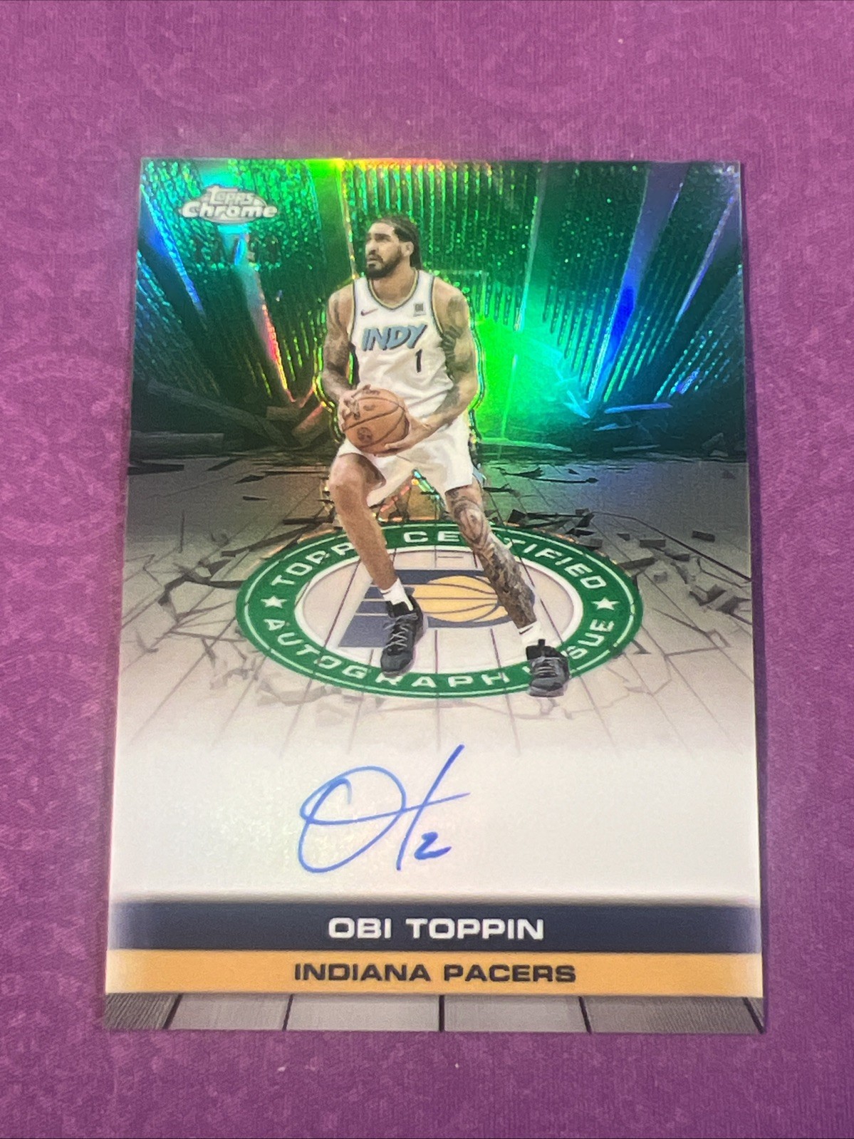 OBI TOPPIN 2025 Topps Chrome Green Refractor  Autograph #/99 SP #TAU-OBI Pacers