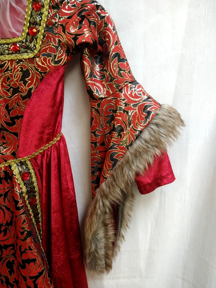 Vestido medieval Chasing Fireflies Queen Isabella pele de veludo vermelho dourado para meninas tamanho 4 - Imagem 4 de 4